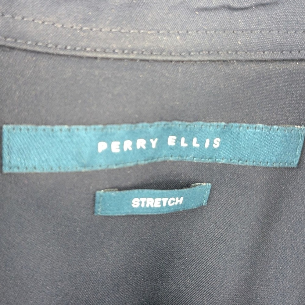 Perry Ellis Button Up Shirt Short Sleeve Stretch Navy Red Trim XL Retro Dad - Picture 3 of 6